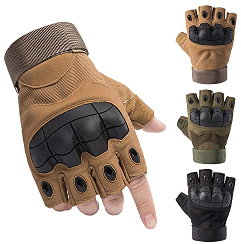 Swygoo Taktische Halbfinger Handschuhe, Paintball-Airsoft-Fingerlos, Airsoft Militär für Motorrad Jagd Radfahren Schießen Wandern Camping Armee Trainingshandschuhe MTB (L, Bräunen)