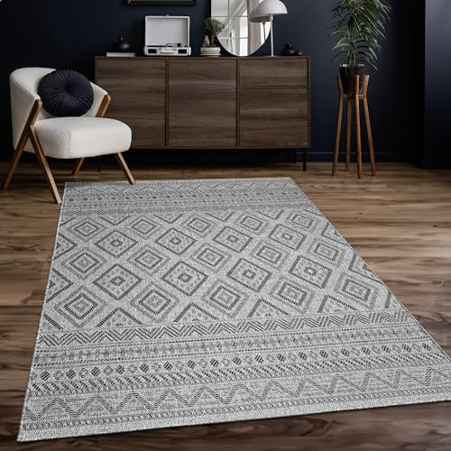 Paco Home Outdoor Teppich Flachgewebe Modern Boho-Style wetterfest & UV-beständig Ideal für Terrasse Balkon Wohnzimmer & Küche, Grösse:200 cm Quadrat, Farbe:Anthrazit