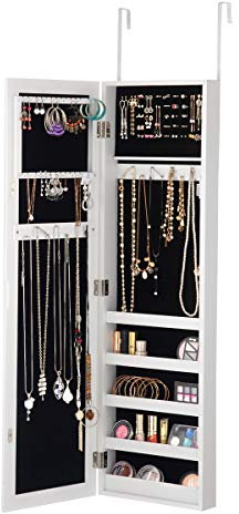 GOPLUS Schmuckschrank Wandmontage mit LED-Leuchten, Wandschrank mit Ganzkörperspiegel, hängende Spiegelschrank für Schmuck, Schmuckregal für Ketten & Ohrringe & Schminke, aus Holz, Weiß