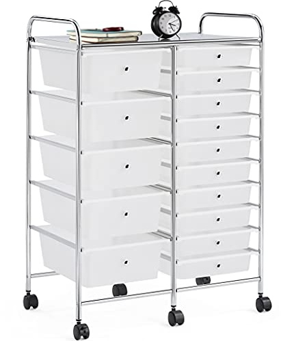 Yaheetech Carrito Auxiliar con Ruedas Carro de Almacenamiento con Cajones Carrito Organizador de Plastico Carrito de Cocina con 15 Cajones 63 x 37 x 91 cm