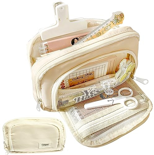 LSLSHY Big Capacity Pencil Case Large Three-ply Zipper Pen Pouch Office School Stationery Supplies for Teen Girls Boys Students (Beige)