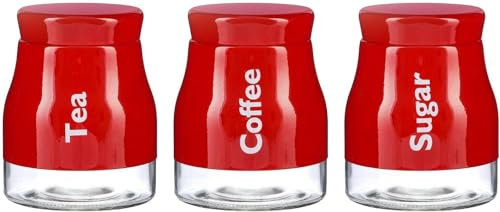 ARA CHOICE Set of 3 Red Kitchen Storage Canisters Tea Coffee Sugar Jars Pots Containers Caddy Stylish Matt Glass with Screw Lid Jar Pots Food Containers Kitchen Storage Canister Set 700ml