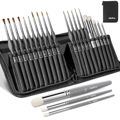 Nicpro Feine Pinsel Drybrush, 20-teiliges Miniatur Modellbau Pinsel Set, Kleine Feine Detail Modellpinsel Dry Brush für Acryl, Aquarell, Malen nach Zahlen, Modell, Figur, Zitadelle, mit Etui
