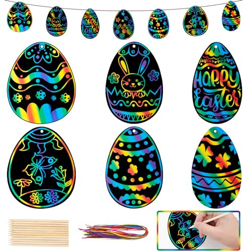 36 Stück Kratzbilder Ostern, Kratzpapier Bastelset, Regenbogen Magie Ostereier Scratch Crafts Ornamente mit hölzernen Stick und Band für Kinder Ostern Party Gunst Dekorationen