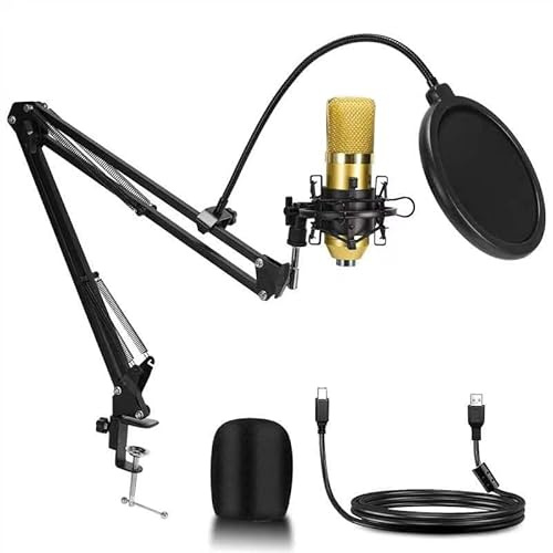 LOTANIA Micrófono USB, micrófono condensador para PC, incluye soporte de brazo de tijera de suspensión, soporte de choque y filtro pop para juegos, videos y podcasts