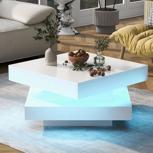 Merax Couchtisch Weiß Hochglanz quadratischer, Moderner Wohnzimmertisch mit drehbarer Platte, Beistelltisch Weiss mit LED Beleuchtung, Techno-Stil, Sofatisch, Kaffeetisch, 70x70x36cm