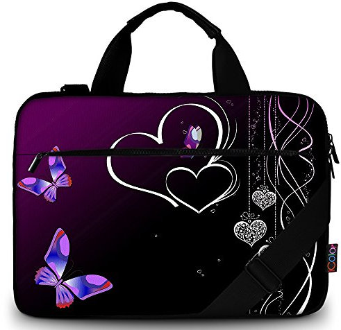 Mibbxea Bolsa de lona para portátil, funda tipo mensajero con correa ajustable, funda protectora para netbook, maletín de viaje portátil (Mariposa con corazón, 13 a 13.3 pulgadas)