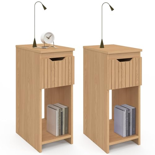 IDMarket - Lot de 2 Tables de Chevet étroites Anouk 1 tiroir Effet Lattes et Bois