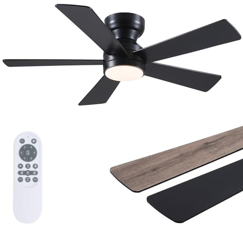 Black Ceiling Fans with Lights - 46 Flush Mount Ceiling Fan with Remote and 5 Reversible Blades, 3CCT Dimmable, 6 Wind Speeds&2H Timer, Indoor Low Profile Fan Light Fixture for Modern Bedroom