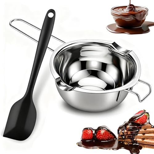 QIMMU Ciotola per bagnomaria,Bagnomaria in Acciaio Inox,Cioccolato Ciotola di Fusione,in Acciaio Inox 304,con spatola di plastica,Ideale per sciogliere Cioccolato, Burro, Formaggio o Cera