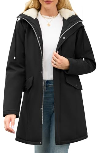 NRZD Women's Winter Rain Jackets Water-Repellent, Warm Fleece Lined Winter Rain Coats with Adjustable Hood & Hidden Pockets(Black,XXL)