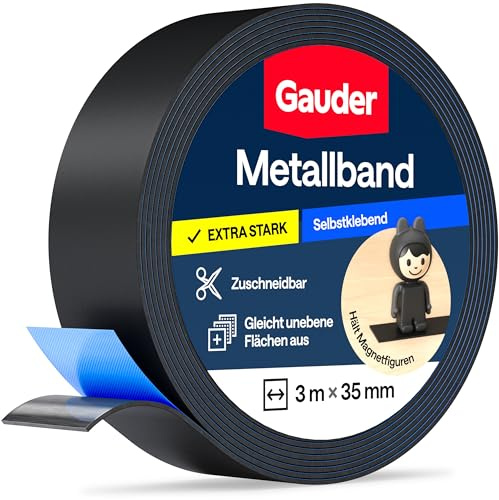 GAUDER Cinta metálica autoadhesiva - Banda magnética para imanes y Figuras Tonie® & estanterías - Cinta ferrosa & banda de hierro para manualidades y organización (3 m x 35 mm - negro)