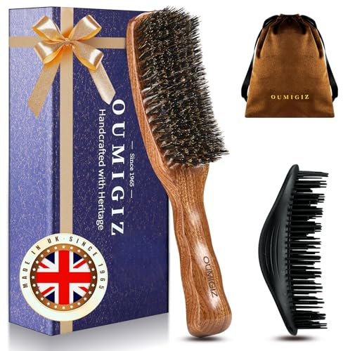 Slick Back Boar Bristle Hair Brush Since 1965 British Craftsmanship, Handmade Natural Wooden Hairbrush/Beard Brush, Pure Soft Bristles Gentle Detangling Women Men Kids Thin Fine Hair, Smooth & Shine
