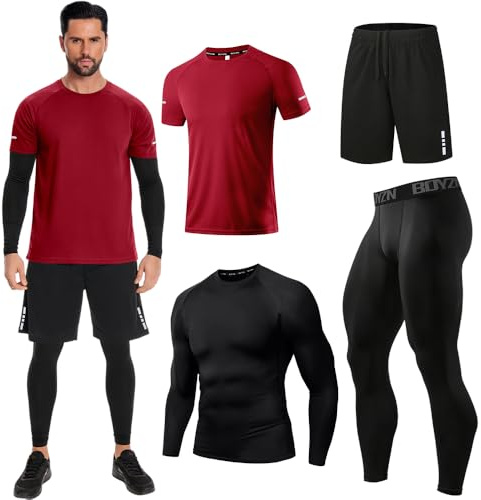 Sportlöparset för män (4-pack eller 5-pack) atletisk skjorta + short/kompressionsskjorta + byxor med kappa, träningsoverall, gymnastikkostymer, 4-pack: röd, XXL