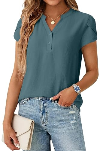QIXING Blouses for Women UK Dressy Casual V Neck Henley Tops Cap Sleeve Summer Blouse Loose Floaty Work Shirts Elegant Button Front Tops for Office Holiday and Everyday Wear
