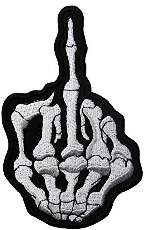 Aufnäher, bestickt, Design: Schädel Mittelfinger Skelett Knochengeist, zum Aufbügeln oder Aufnähen