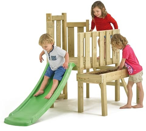 TP Toys Forest Toddler Wooden Climbing Frame & Slide - With Climbing Tower, Slide And Table Sandpit For Kids. Supplied With Ground Stakes. Made From Fsc Certified Wood. 3 Years+