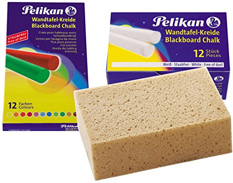 Pelikan Craie, 701359 Blanc, 2x 12er mit Schwamm, Weiß + Farbig, 1