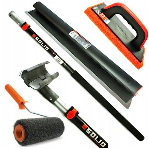 PROFI SET - Flächenspachtel edelstahl mit aluminium teleskopstange und stielaufnahme für spachtel - Reibebrett Kunststoff mit Schwammgummi und Rollspachtel - MADE IN EU