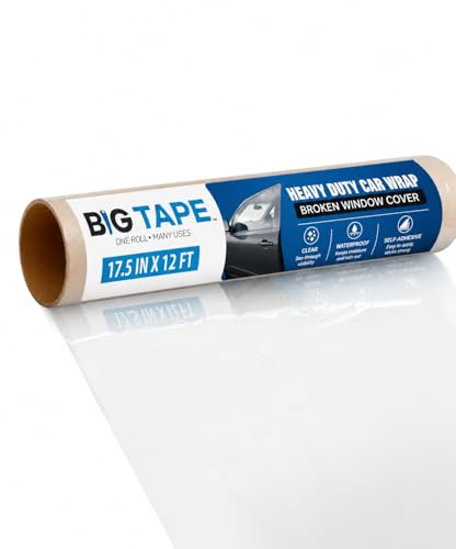Big Tape Window Plastic Film (FBA) – 12 Feet XL Roll of Plastic for Windows – 17.5 Inch Wide Car Tape for Broken Windows – Waterproof, No Sticky Residue – Easy DIY Installation