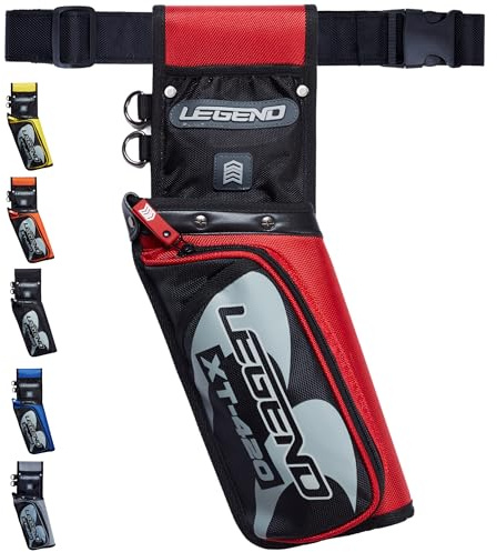 LEGEND XT420 Arrow Quiver - Quiver Arrow Holder, Archery Quiver with 3 Arrow Tube, Durable Nylon Hip Quivers with Multiple Pockets for Archery Accessories, Score Card & Tools - Left Handed, Red