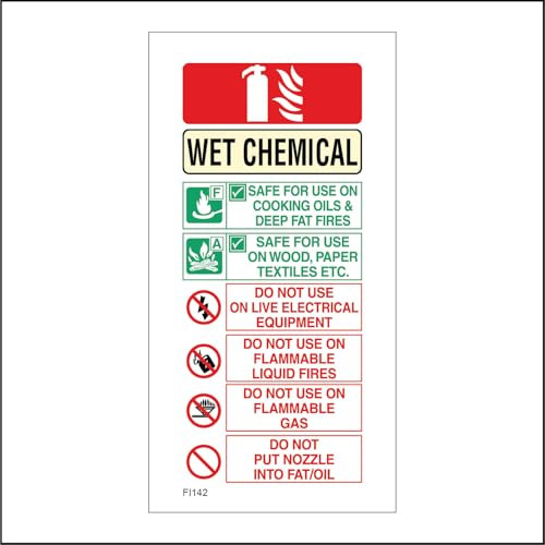 FI142 Wet Chemical fire Extinguisher Sign Commercial Emergency Kitchens Alarms 100mm x 300mm 5mm Heavy Duty Foamex Foamboard