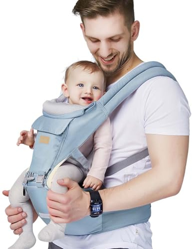 FRUITEAM 6-in-1 Baby Carrier with Waist Stool/Hip Seat for Breastfeeding, One Size Fits All - Adapt to Newborn, Infant & Toddler (Blue)