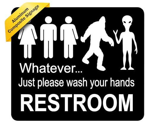 Just Please Wash Your Hands Bathroom Sign | Bigfoot Alien Funny Signs - Inclusive Decor - Door & Wall Restroom Signs - 8.5x10