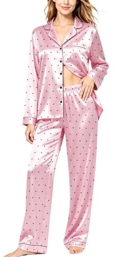 SWOMOG Women's Pyjama Set Silk Satin Long Sleeve Button Down Pyjamas Two Piece Comfy Sleepwear and Loungewear Set