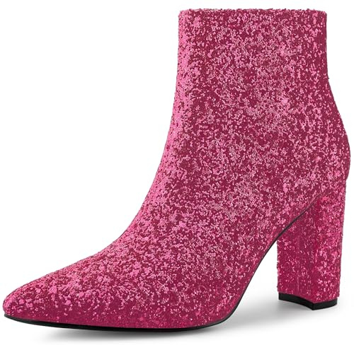 Allegra K Women's Glitter Pointed Toe Chunky Heel Ankle Boots Hot Pink 6 UK/Label Size 8 US