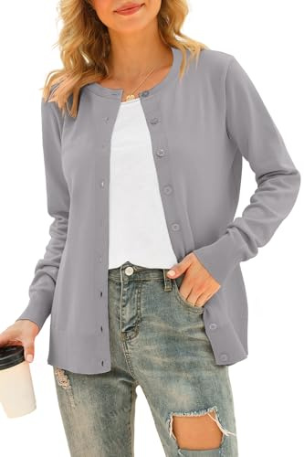 DEARCASE Cárdigan De Punto De Manga Larga con Parte Delantera Abierta para Mujer, Suéter De Cuello Redondo con Botones, Jersey Ligero De Color Sólido