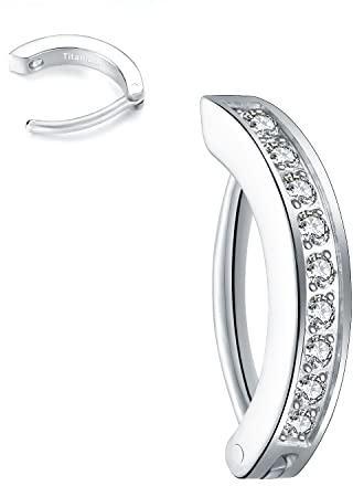 VOJO 14G G23 Titanium Clicker Belly Button Ring,10/12mm Reverse Curved Hoop Navel Barbell Piercing Jewelry (Silver Diamonds,14G 10mm)