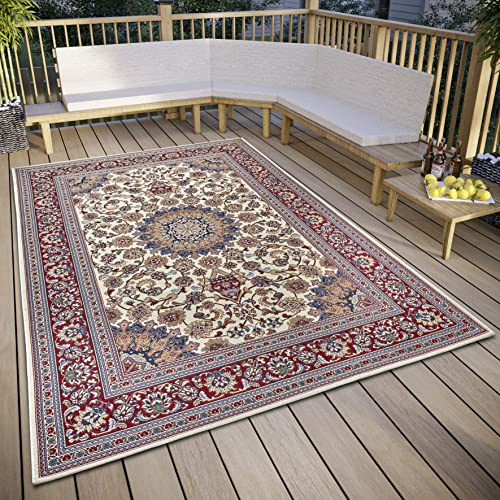 Hanse Home Kadi - Tappeto orientale per interni ed esterni, design orientale, classico, ecologico, resistente alle intemperie e ai raggi UV, per balcone, terrazza, giardino, crema, rosso, 120 x 180 cm