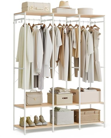 SONGMICS Armario de Ropa Portátil, Armario Plegable, Perchero, Organizador Armario, con Barras de Colgar, Estantes de Almacenamiento, Ganchos Extraíbles, 40 x 141 x 180 cm, Beige Natural RGR005W67