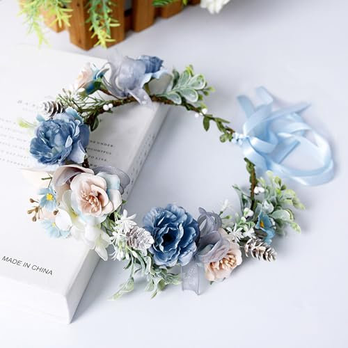 Couronne de fleurs pour cheveux - Bandeau pour fille - Bandeau floral - Ceinture réglable pour mariage, cérémonie, fête, festival - Bleu clair