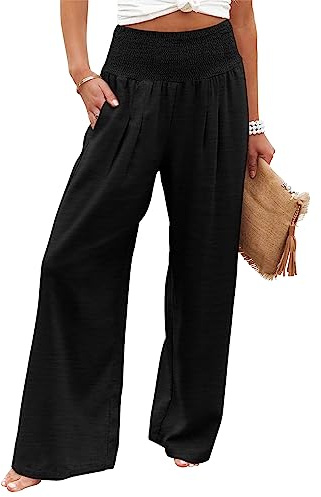 KISSMODA Elastic Waist Palazzo Pants for Women Long Wide Legged Lounge Trousers Chic Casual Beach Pants A-Black