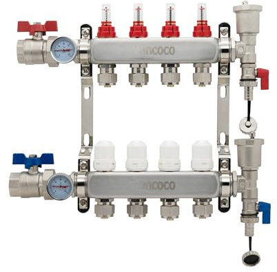 VANCOCO Heizkreisverteiler Edelstahl für 4 Heizkreise mit Eurokonus 3/4 (16 x 2 mm), Fußbodenheizung Verteiler mit Durchflussmesser, Schnellentlüfter Set, 1 Kugelhähne und Klemmringverschraubung