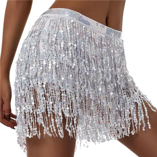 BOFUNX Damen Pailletten Quasten Rock Bauchtanz Hüfttuch Pailletten Mini Glitzer Rock Bauchtanz Kostüm für Silvester Karneval Party