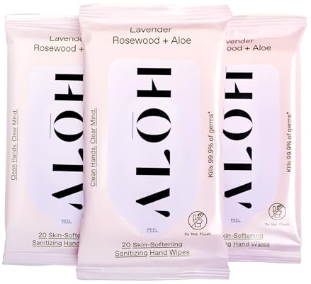 ALH Lavender Rosewood + Aloe Sanitizing Hand Wipes - Clean Hands, Clear Minds - On The Go Sanitizing Wipes for Kids and Adults - Travel Size 3 Pack, 20ct