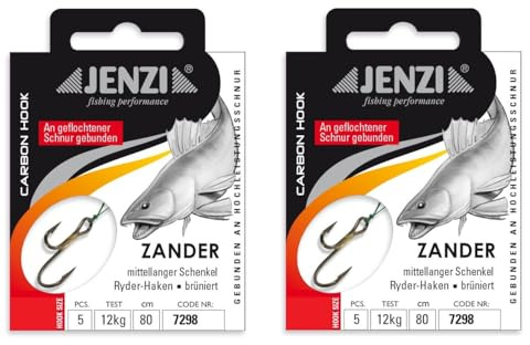 Set 2 Packungen JENZI gebundene Zanderhaken Ryder-Haken (10 Stück) an geflochtener Schnur, 80cm Zander Vorfach montiert Hakengröße, 2, 4, 6, 8 + gratis Petri Heill! Aufkleber (Hakengröße 2)