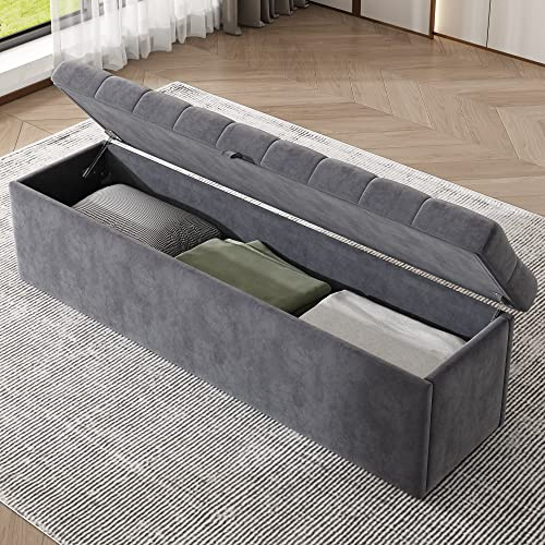 Banco tapizado, banco acolchado, taburete de cama, banco con espacio de almacenamiento (gris/terciopelo, 138 x 41 x 42 cm)