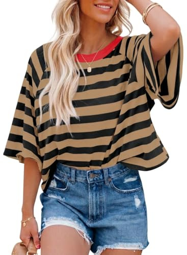 Chicrise Camisa Manga Corta Mujer Verano Cuello Redondo Holgada Basicas Crop Top Rayas Elegante Moda Camiseta Marrón Negro Mediano 38-40