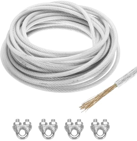 Kvartsman 8 mm (5/16 tum) transparent belagt vajerrep, 15 m/49 fot galvaniserat stålrep med 4 stycken M8-slinghylsor för upphängning av, räcken, trädgårdskablar
