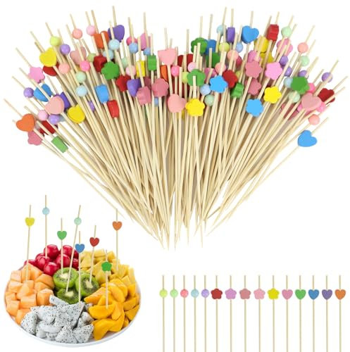 SJUNJIE 300 Piezas Palillos para Aperitivos 12cm Palitos de Coctel Brochetas de Bambú para Frutas con Corazones de Colores Flores y Bolas para Pinchos Comida Catering Frutas Fiestas