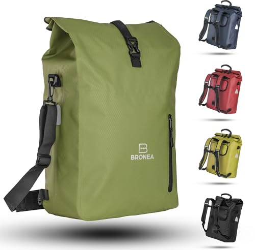 Bronea 3 in 1 Fahrradtasche Wasserdicht - 28L - Rucksack & Umhängetasche, Gepäckträgertasche für Fahrrad, WaterBlock Material, Integrierte Laptoptasche, Schnellmontage Gepäckträger | Olivegreen