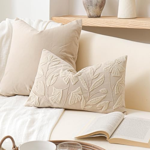 BlissBlush Neutral Floral Lumbar Pillow Cover 12x20 Inch, Velvet Rectangle Throw Pillow Cover Soft Decorative Farmhouse Accent Couch Pillow Cover for Living Room Bedroom, Cream