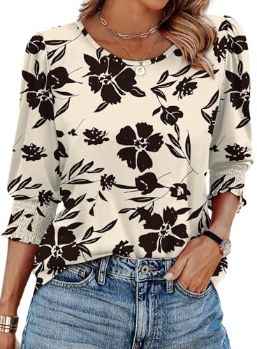Aokosor Womens Tops 3/4 Sleeve T Shirts for Women UK Crew Neck Tunic Womens Blouses Ladies Tops Size 14-16 Black Flora