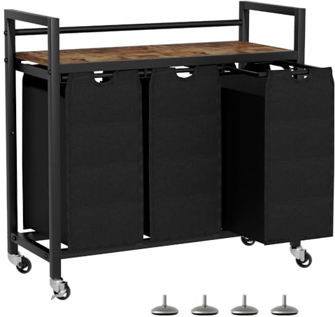 SwaaVee Laundry Hamper, Laundry Basket, Laundry Sorter with 3 Removable Bags, Clothes Basket with 3 Compartments, Wheels, Shelf for Laundry Room Bathroom Bedroom (3 Bags-Black)