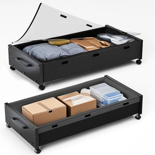 Contenitori sotto il letto con ruote, confezione da 2 contenitori in legno extra large da mettere sotto il letto per organizzare le scarpe, cassetti portaoggetti scorrevoli con coperchio trasparente