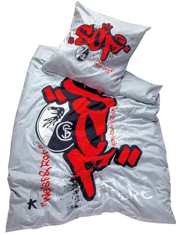 SC Freiburg Bettwäsche GOTS Baumwolle – Offizielle Fan Bettwäsche Fußball Bundesliga – 135x200 & 155x220 – Nachhaltige Bio Bettwäsche Set mit Kissenbezug – Graffiti Design